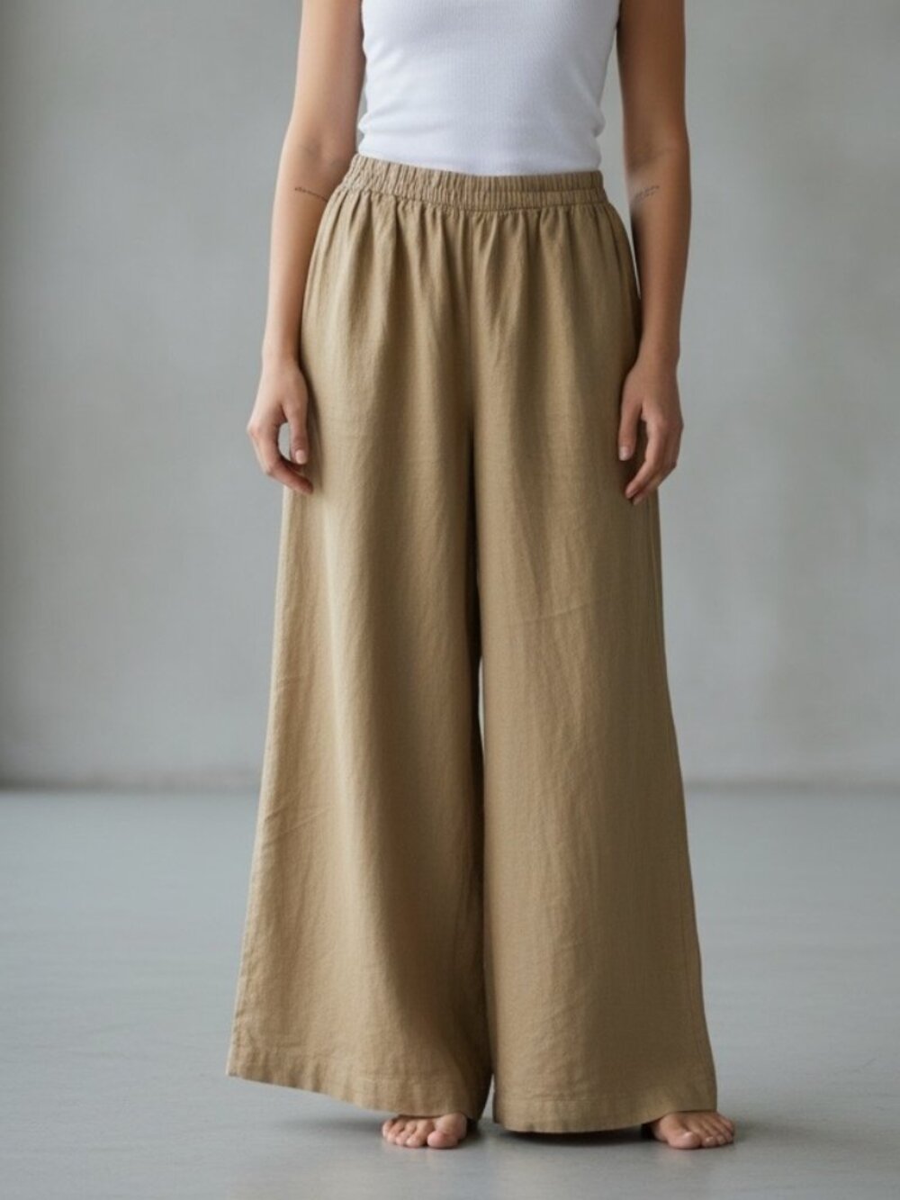 Aerie Wide Leg Linen Pants Tan L Coastal Minimalist Scandi Resort Pull On